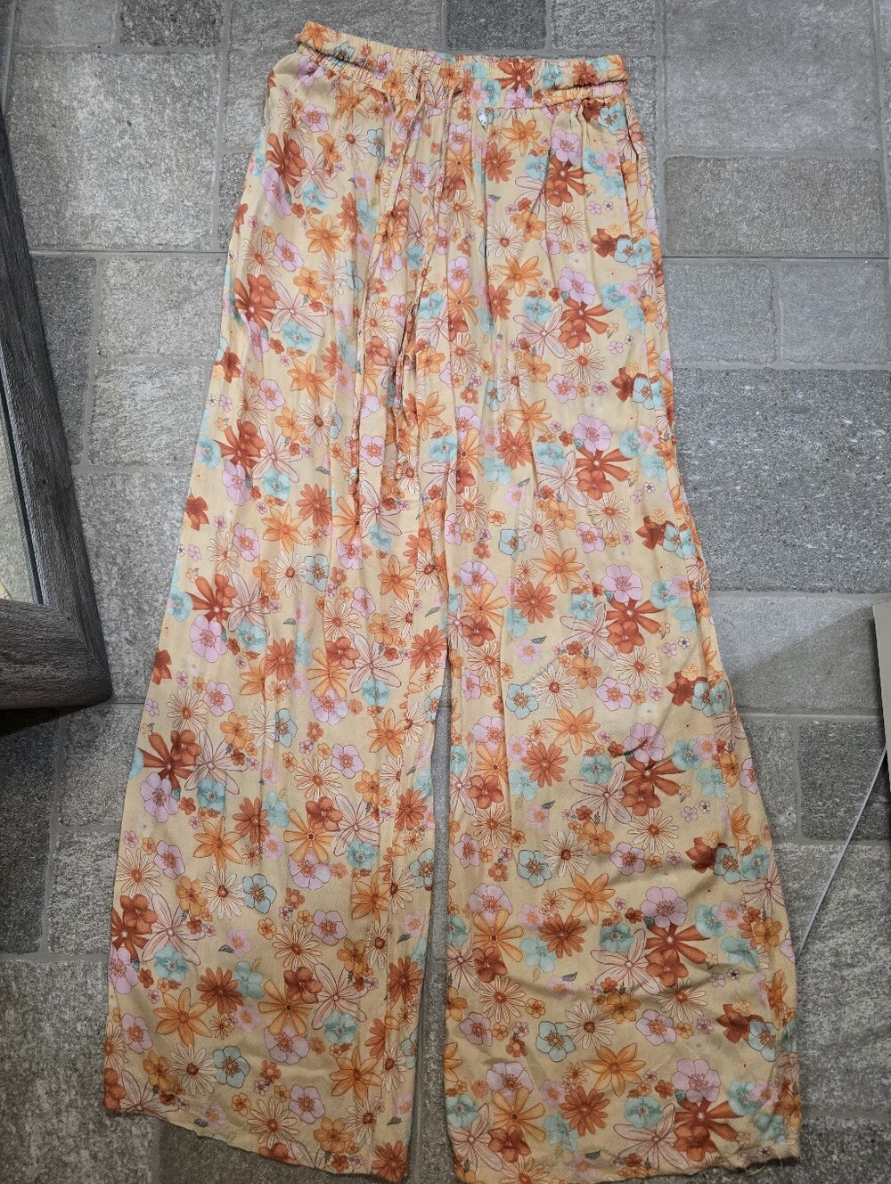 Lotus And Luna Handmade Floral Wide-Leg Lounge Pants Peach Orange Summer Boho S - Picture 4 of 12